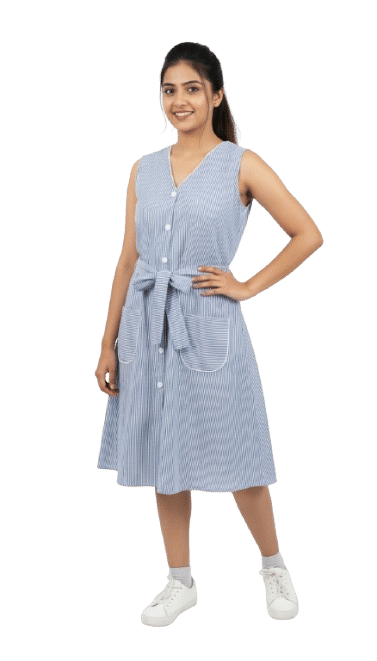    			designally Women Cotton Blend Striped A-line Dress ( Blue )