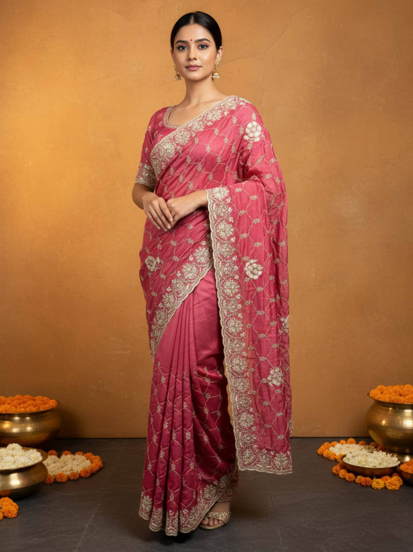     			kedar fab Silk Embroidered Regular Saree With Unstitched Blouse Piece ( Pink )