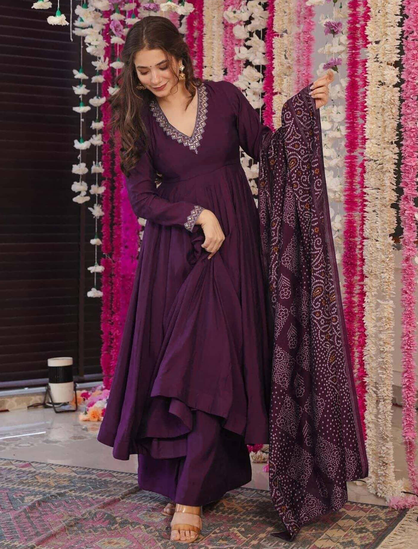 kedar fab Women Rayon Printed Anarkali Kurti With Palazzo ( Purple )