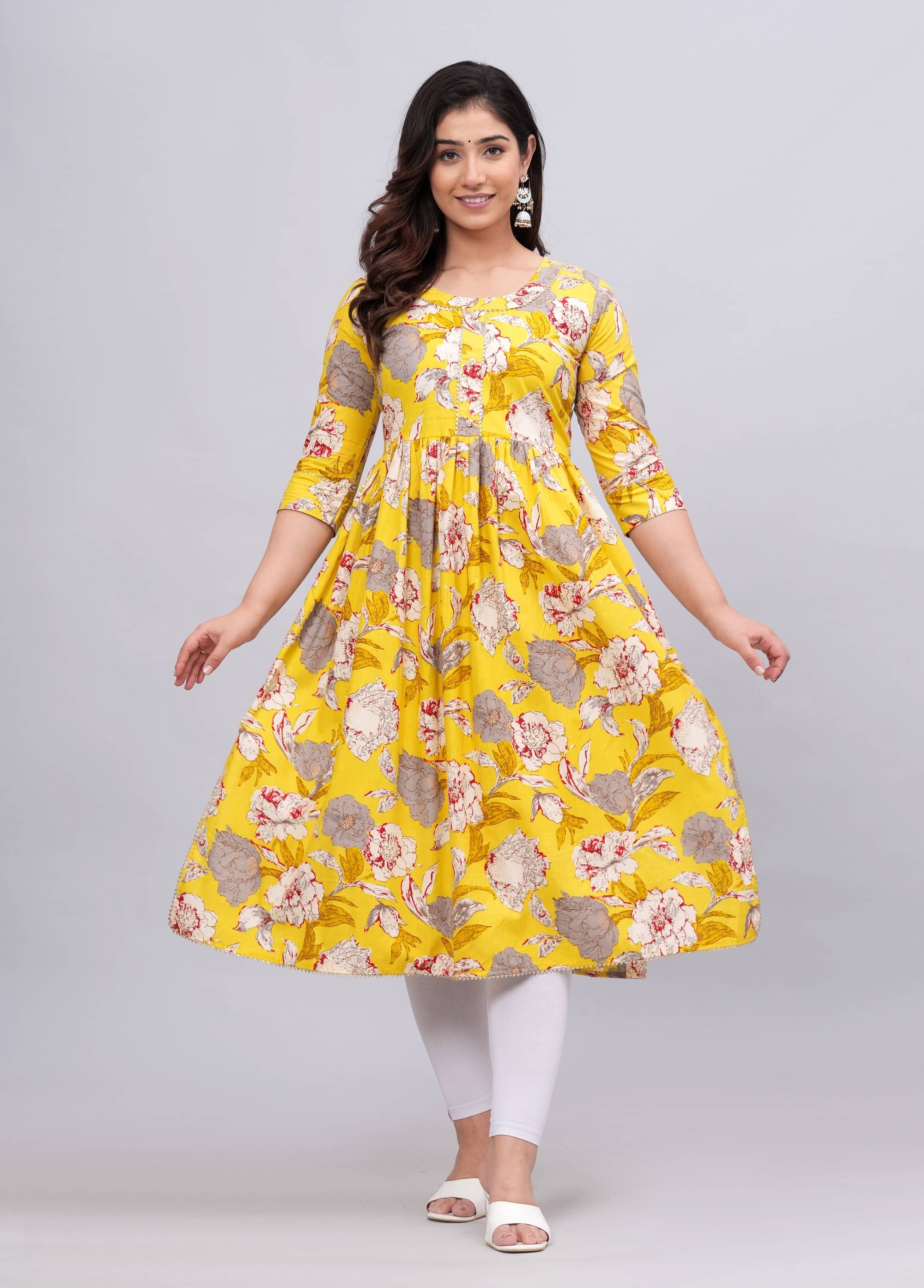     			mahruchi textile Women Cotton Printed A-line Kurti ( Yellow )