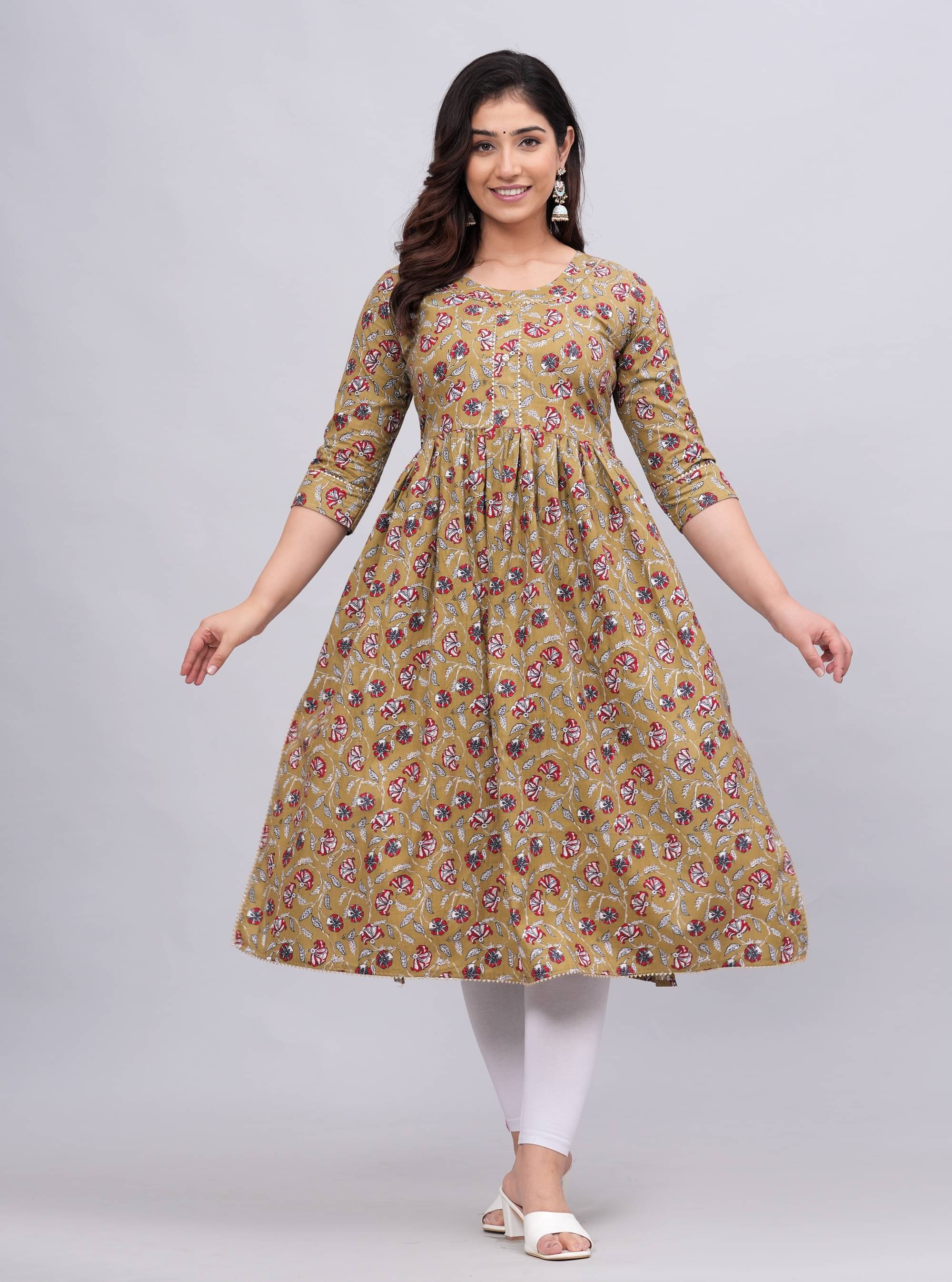     			mahruchi textile Women Cotton Printed A-line Kurti ( Sea Green )