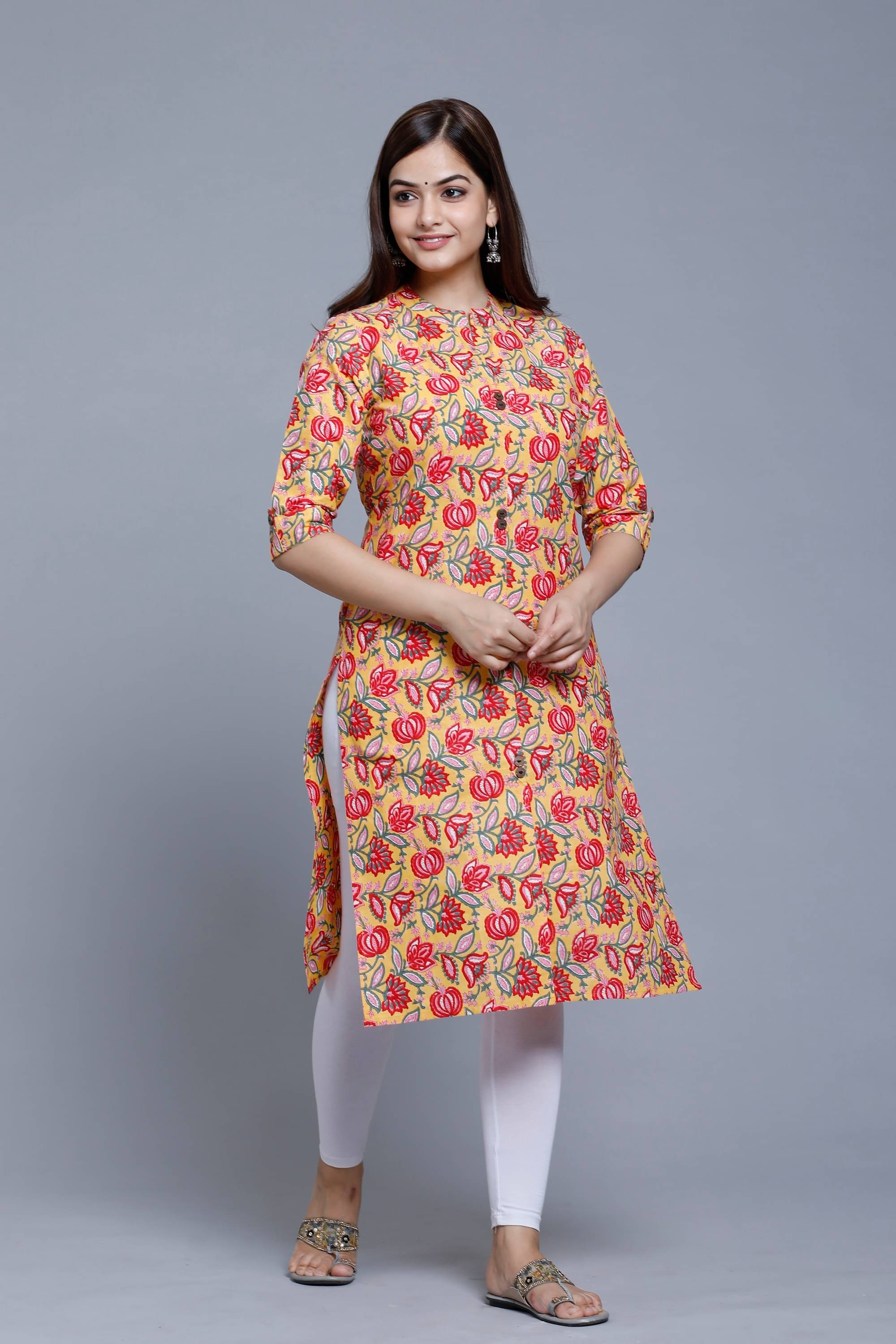     			mahruchi textile Women Cotton Printed A-line Kurti ( Yellow )