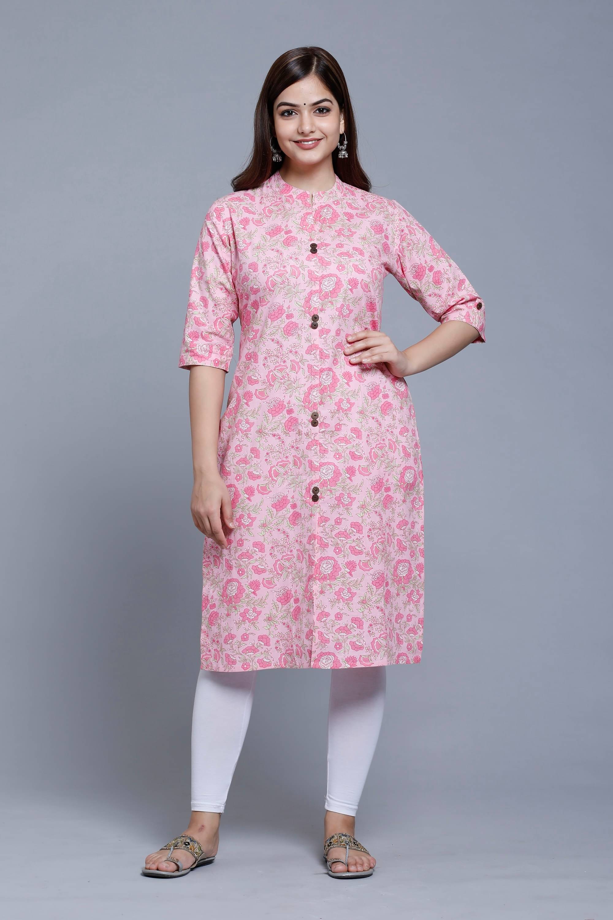     			mahruchi textile Women Cotton Printed A-line Kurti ( Pink )