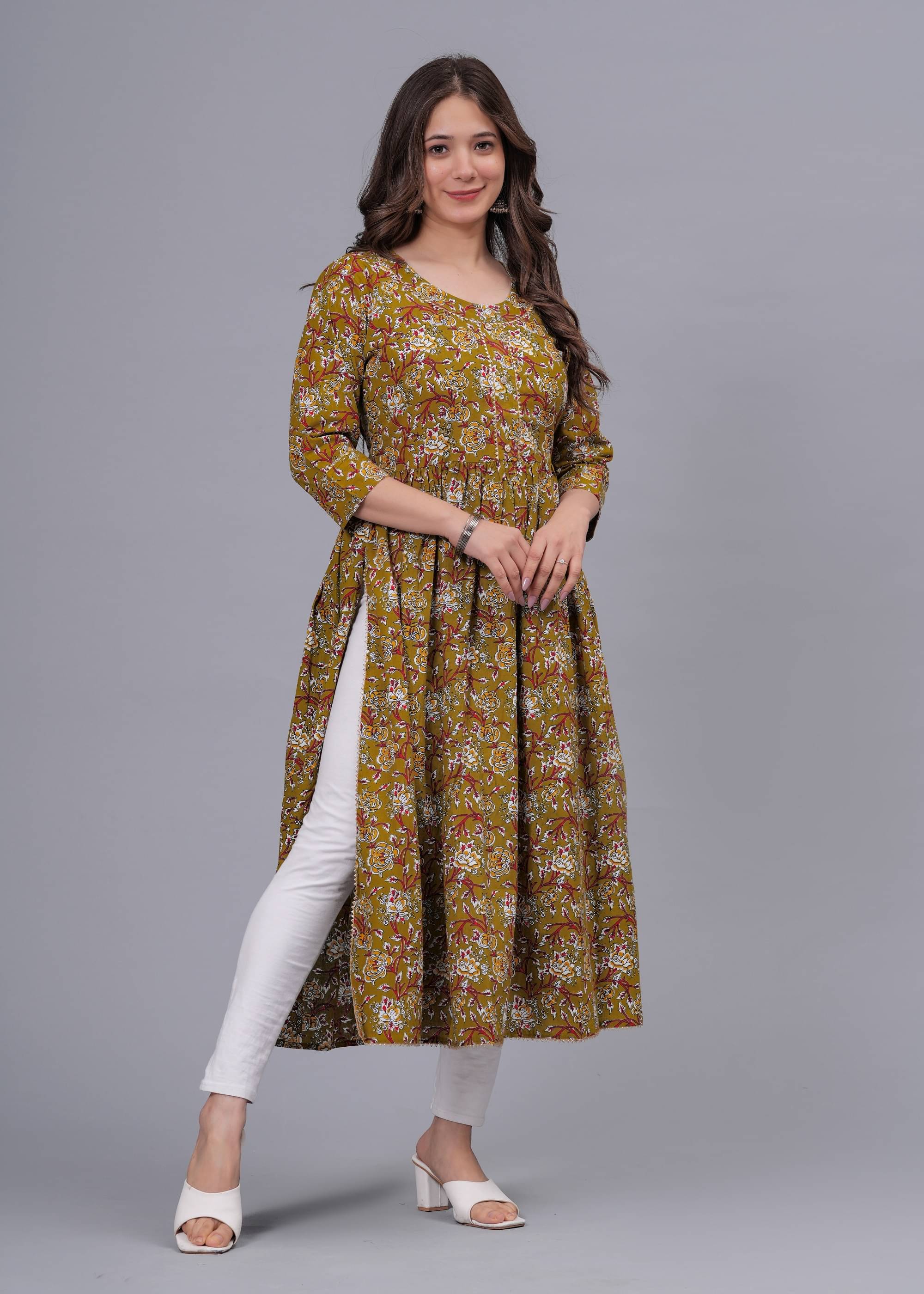     			mahruchi textile Women Cotton Printed Nayra Kurti ( Green )