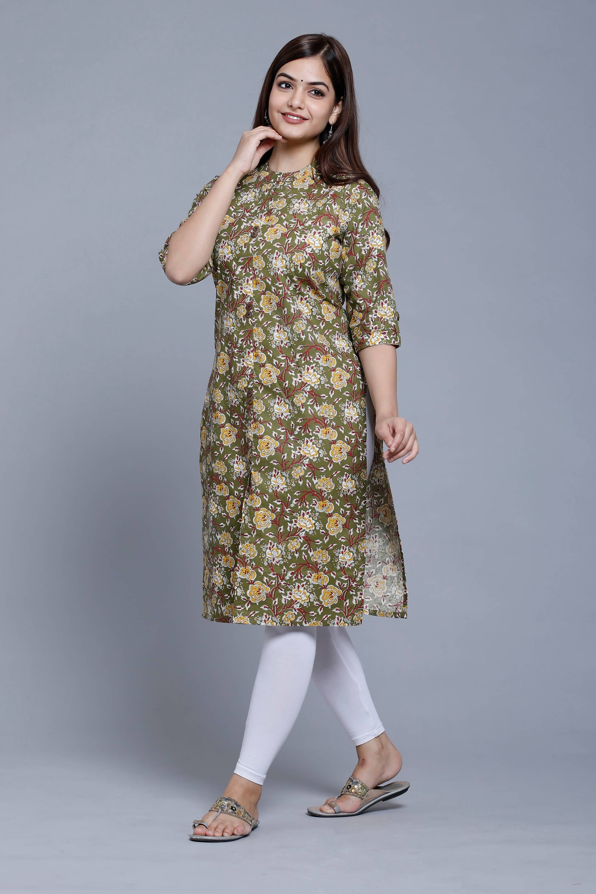     			mahruchi textile Women Cotton Printed A-line Kurti ( Green )