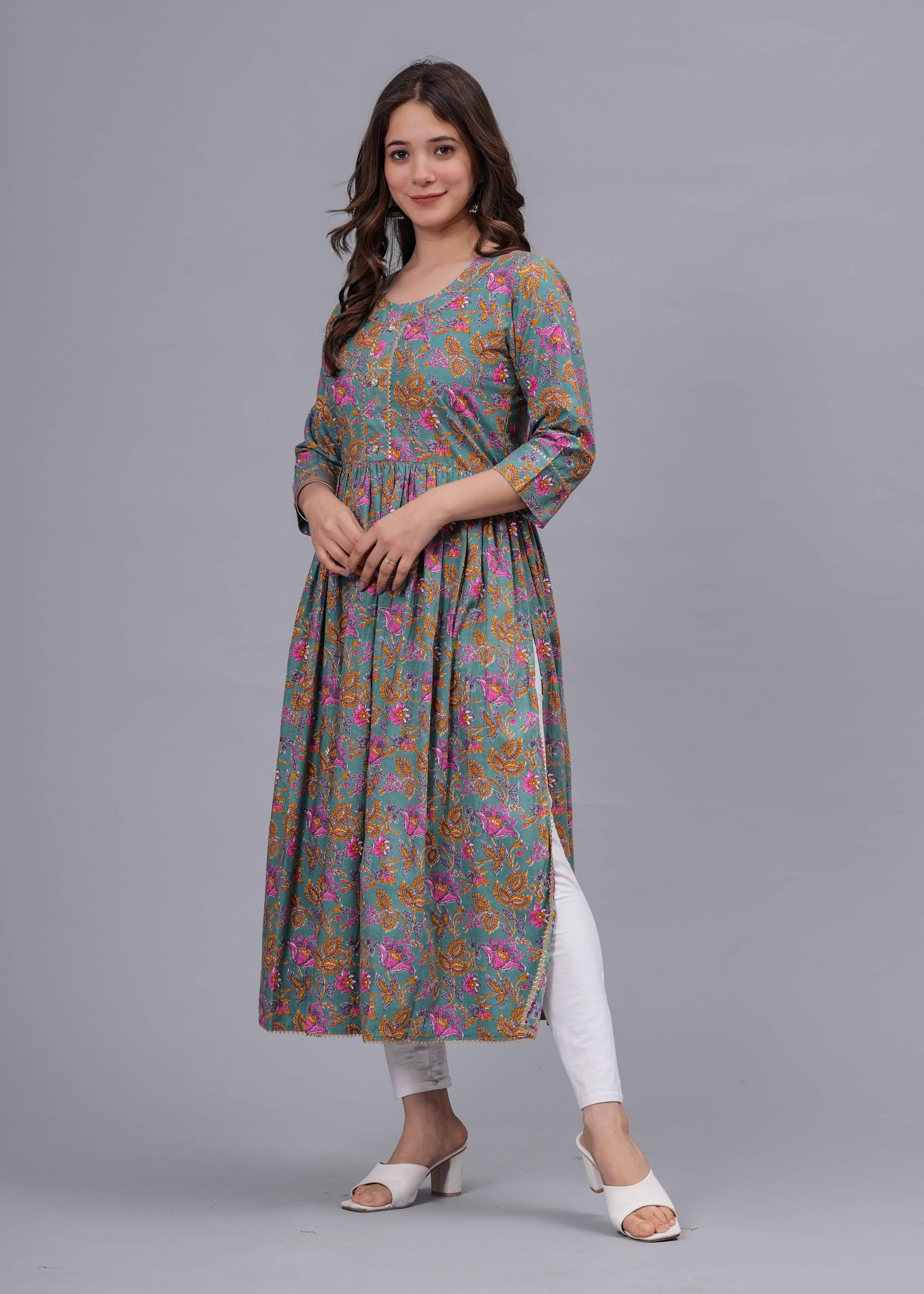 mahruchi textile Women Cotton Printed Nayra Kurti ( Grey ) mahruchi textile Women Cotton Printed Nayra Kurti ( Grey )