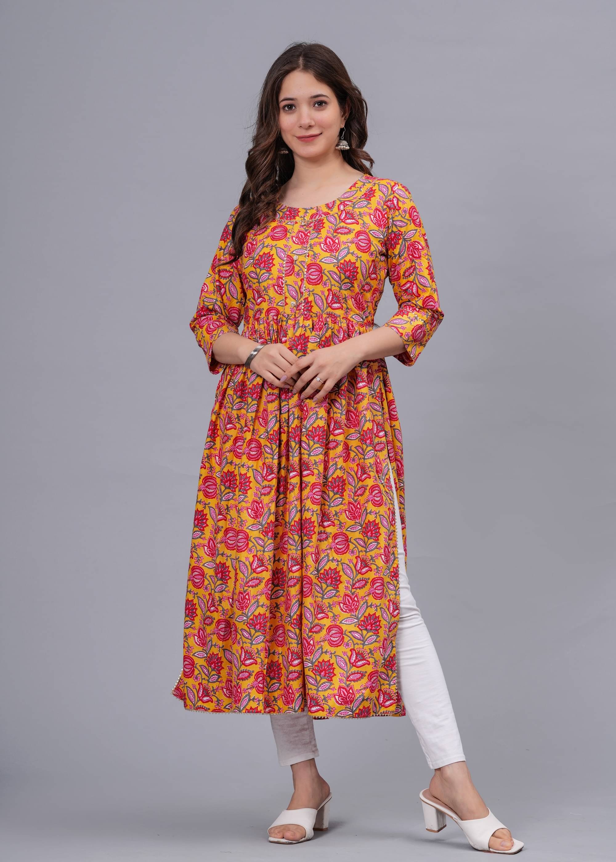     			mahruchi textile Women Cotton Printed Nayra Kurti ( Yellow )