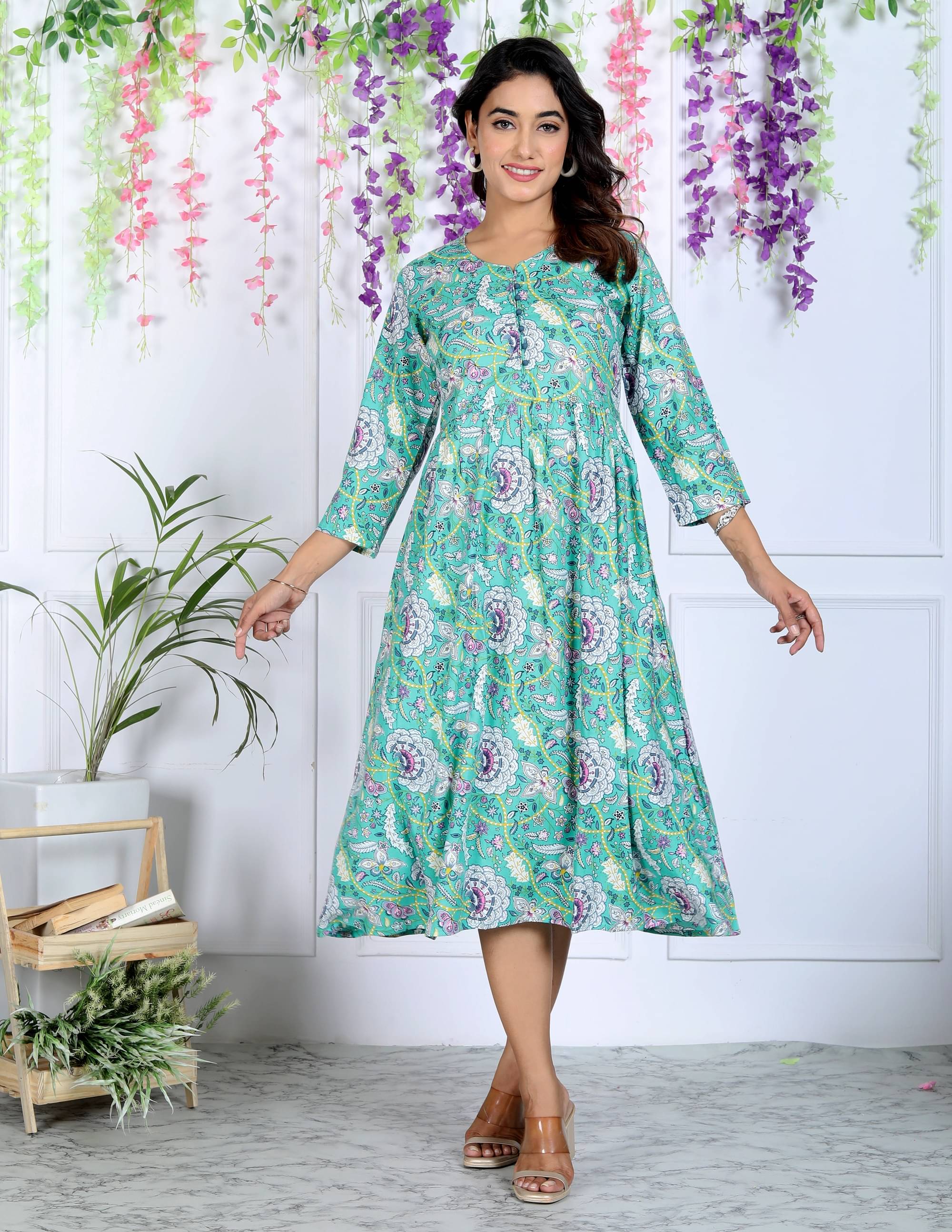     			mahruchi textile Women Cotton Printed Anarkali Kurti ( Sea Green )