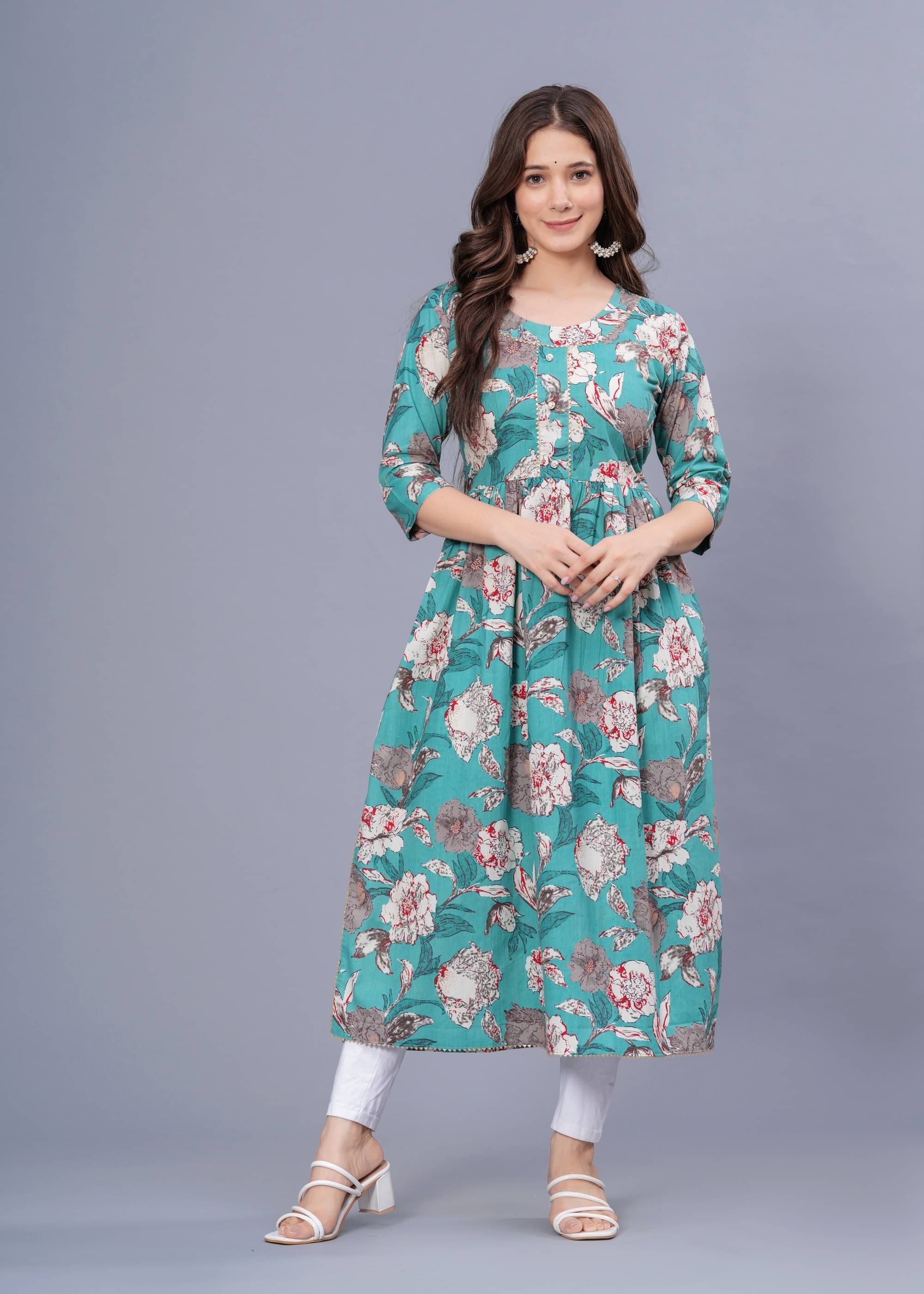     			mahruchi textile Women Cotton Printed A-line Kurti ( Green )