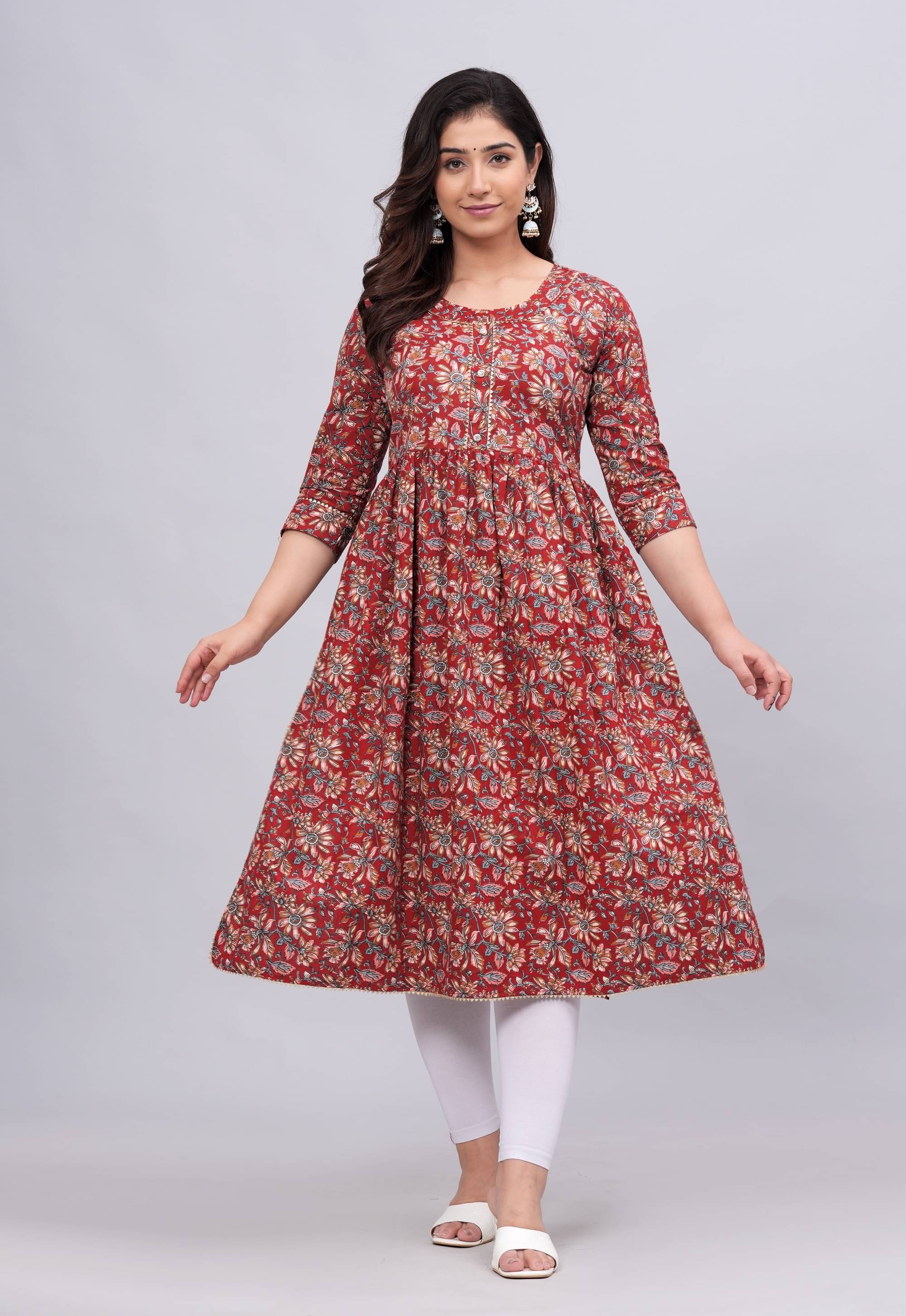     			mahruchi textile Women Cotton Printed A-line Kurti ( Maroon )