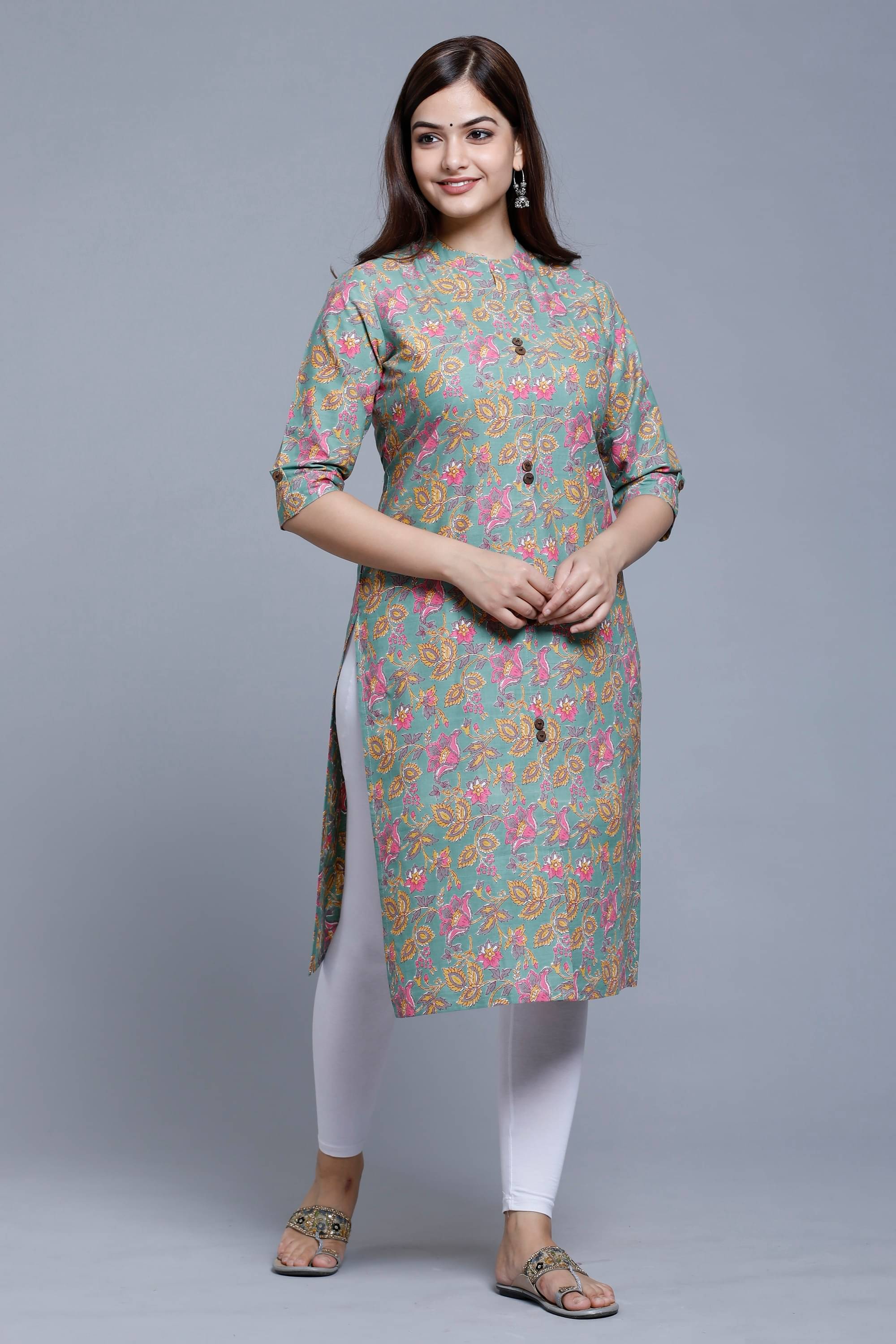     			mahruchi textile Women Cotton Printed A-line Kurti ( Lime Green )