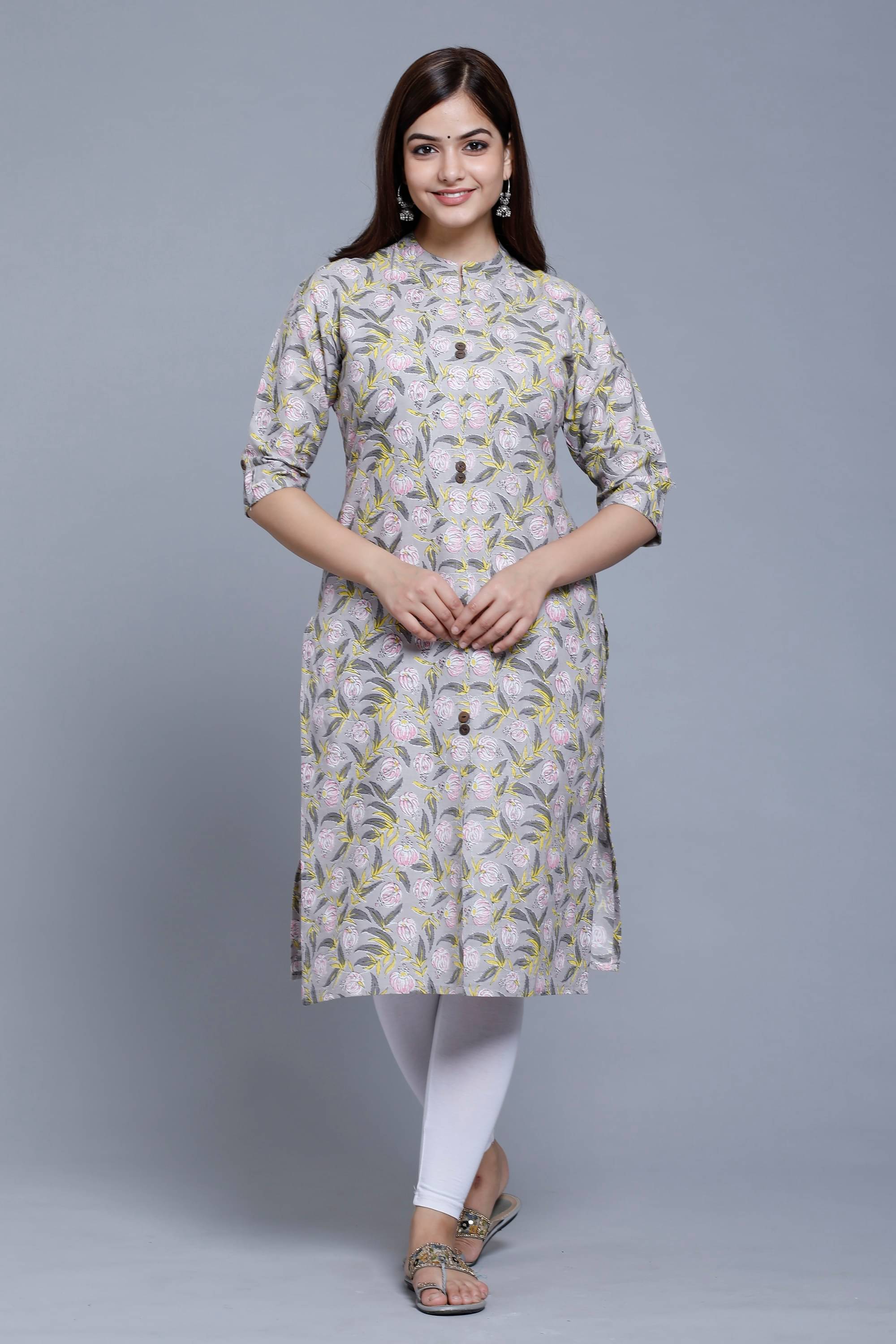     			mahruchi textile Women Cotton Printed A-line Kurti ( Light Grey )