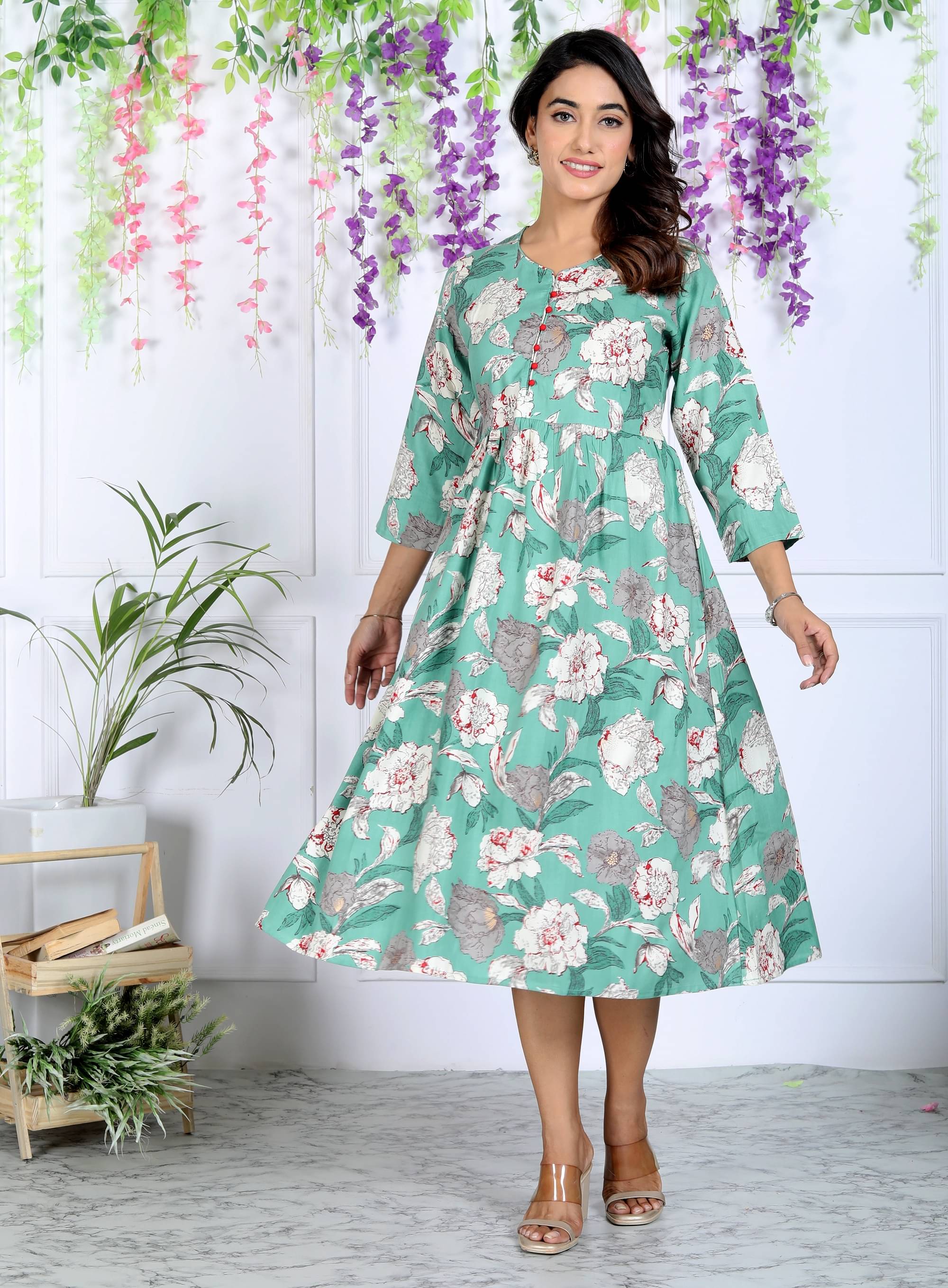     			mahruchi textile Women Cotton Printed Anarkali Kurti ( Sea Green )