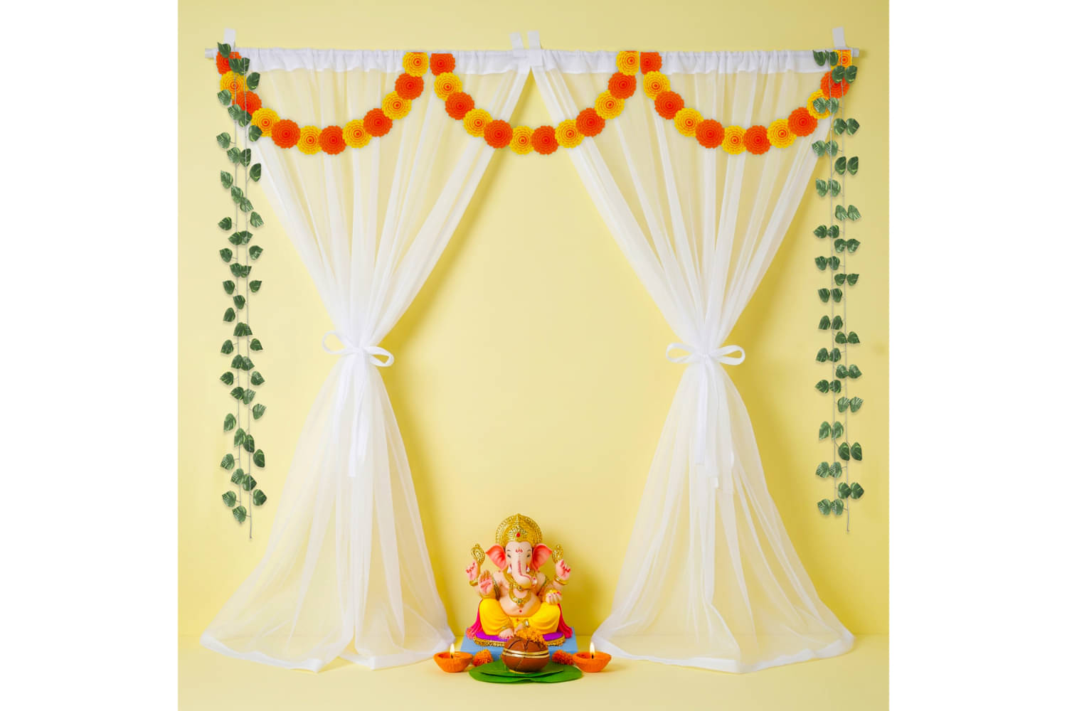    			1iAM Ganpati Decoration For Home - Pack of 9 | White Net, Marigold Flower, Leaf, Hooks & Ribbon For Ganesh Pooja Decoration | Backdrop Curtain For Ganesh Chaturthi | Traditional Pooja Decorative Items