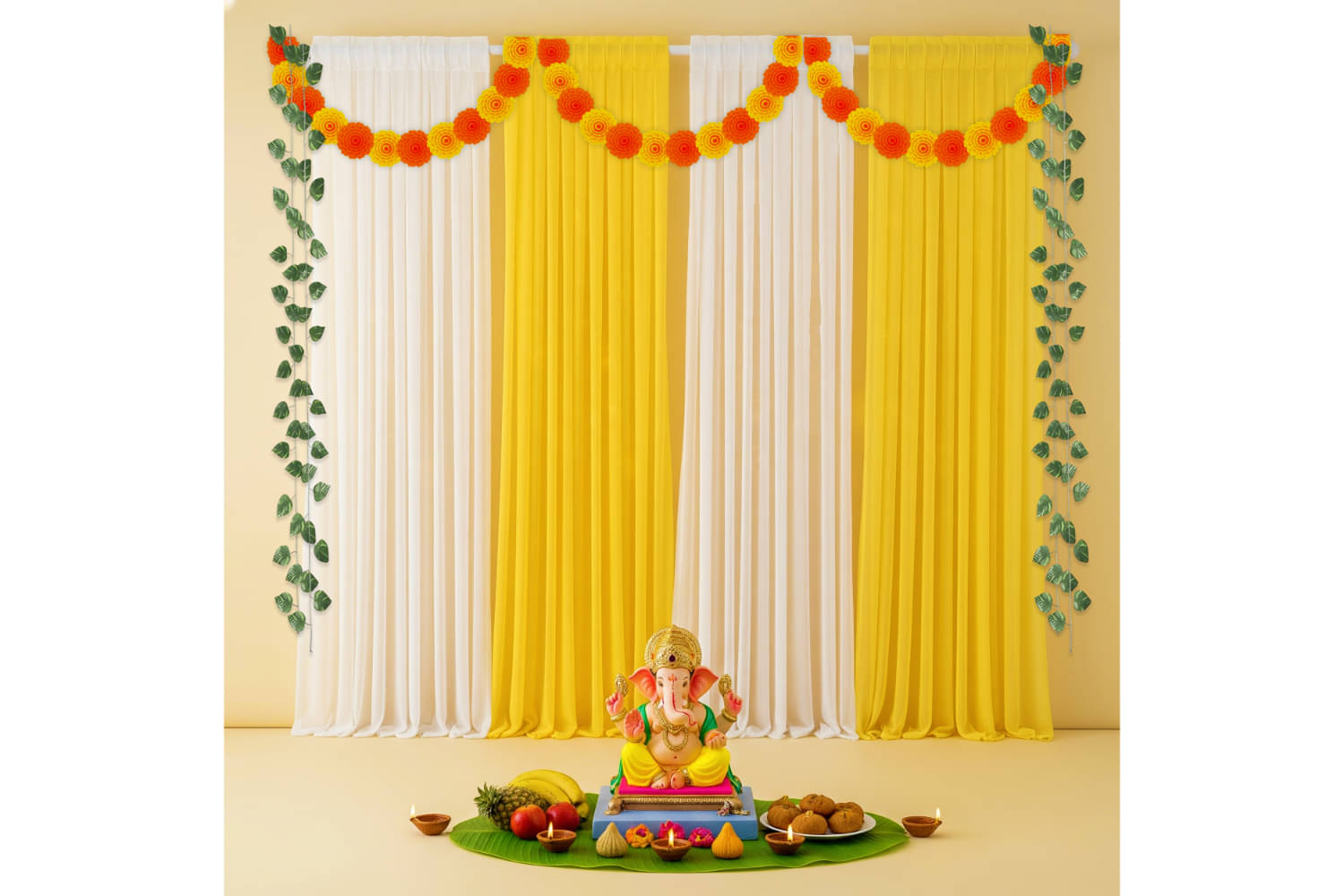     			1iAM Ganpati Decoration For Home - Pack of 11 | White & Yellow Net, Marigold Flower, Leaf, Hook & Ribbon For Ganesh Pooja Decoration | Backdrop For Ganesh Chaturthi | Traditional Pooja Decorative Item