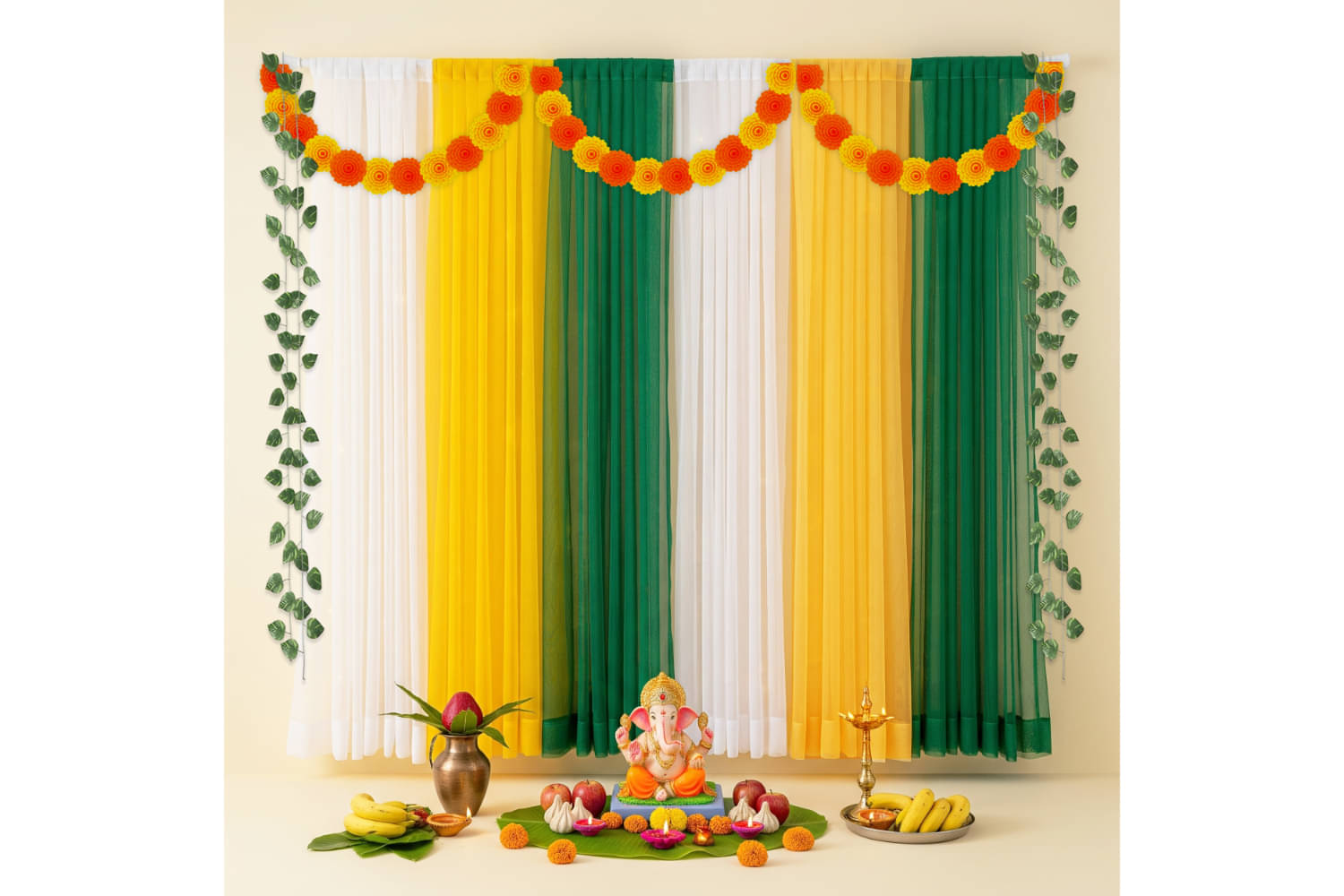     			1iAM Ganpati Decoration For Home - Pack of 13 | White, Yellow & Green Net, Marigold, Leaf, Hook & Ribbon For Ganesh Pooja Decoration | Backdrop For Ganesh Chaturthi | Traditional Pooja Decorative Item