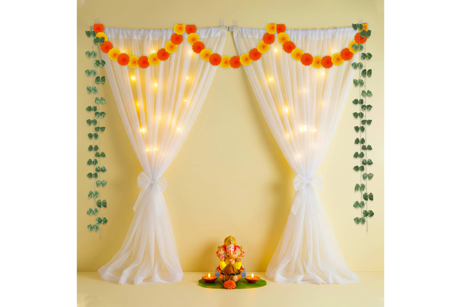    			1iAM Ganpati Decoration For Home - Pack of 10 | White Net, Marigold, Leaf, Light, Hook & Ribbon For Ganesh Pooja Decoration | Backdrop Curtain For Ganesh Chaturthi | Traditional Pooja Decorative Items