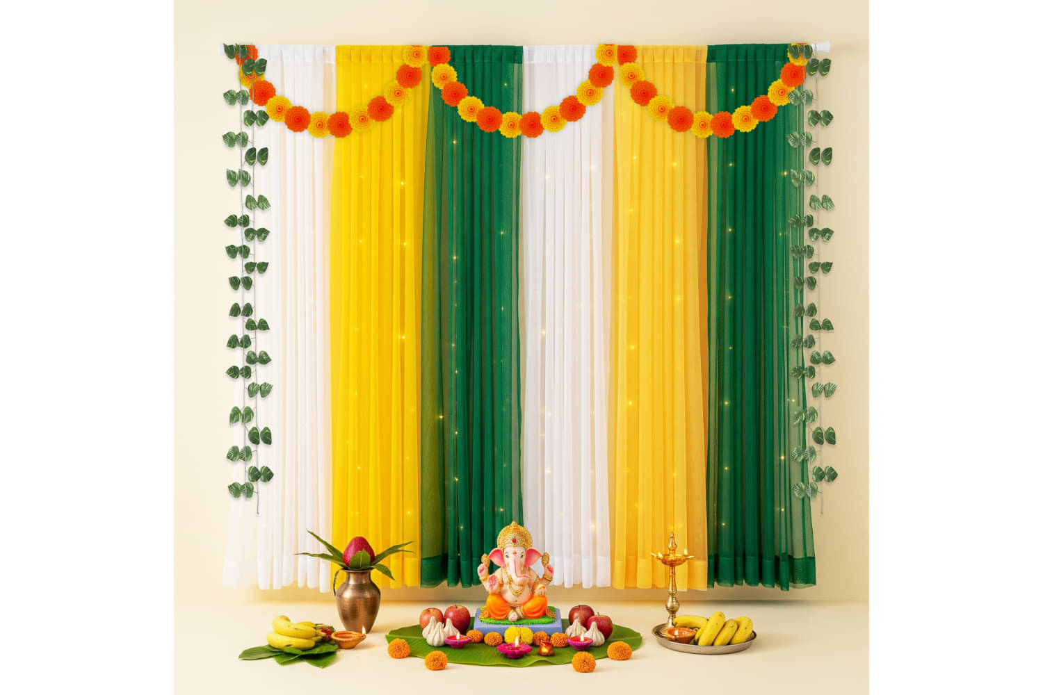     			1iAM Ganpati Decoration For Home - Pack of 14 | White, Yellow & Green Net, Marigold, Leaf, Light, Hook & Ribbon For Ganesh Pooja | Net Backdrop For Ganesh Chaturthi | Traditional Pooja Decorative Item