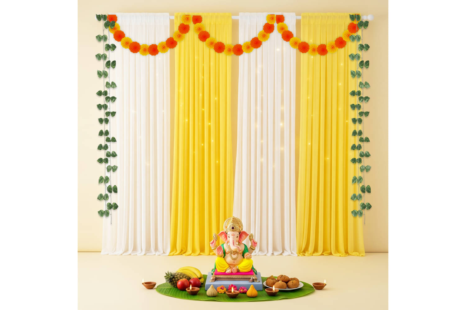     			1iAM Ganpati Decoration for Home - Pack of 12 | White & Yellow Net, Marigold, Leaf, Light, Hook & Ribbon for Ganesh Pooja | Backdrop Curtain for Ganesh Chaturthi | Traditional Pooja Decorative Item