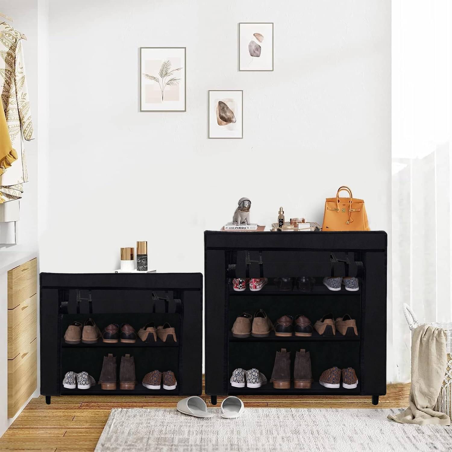     			2 Layer Black DIY Adjustable Shoe Rack with Fabric & Tubes