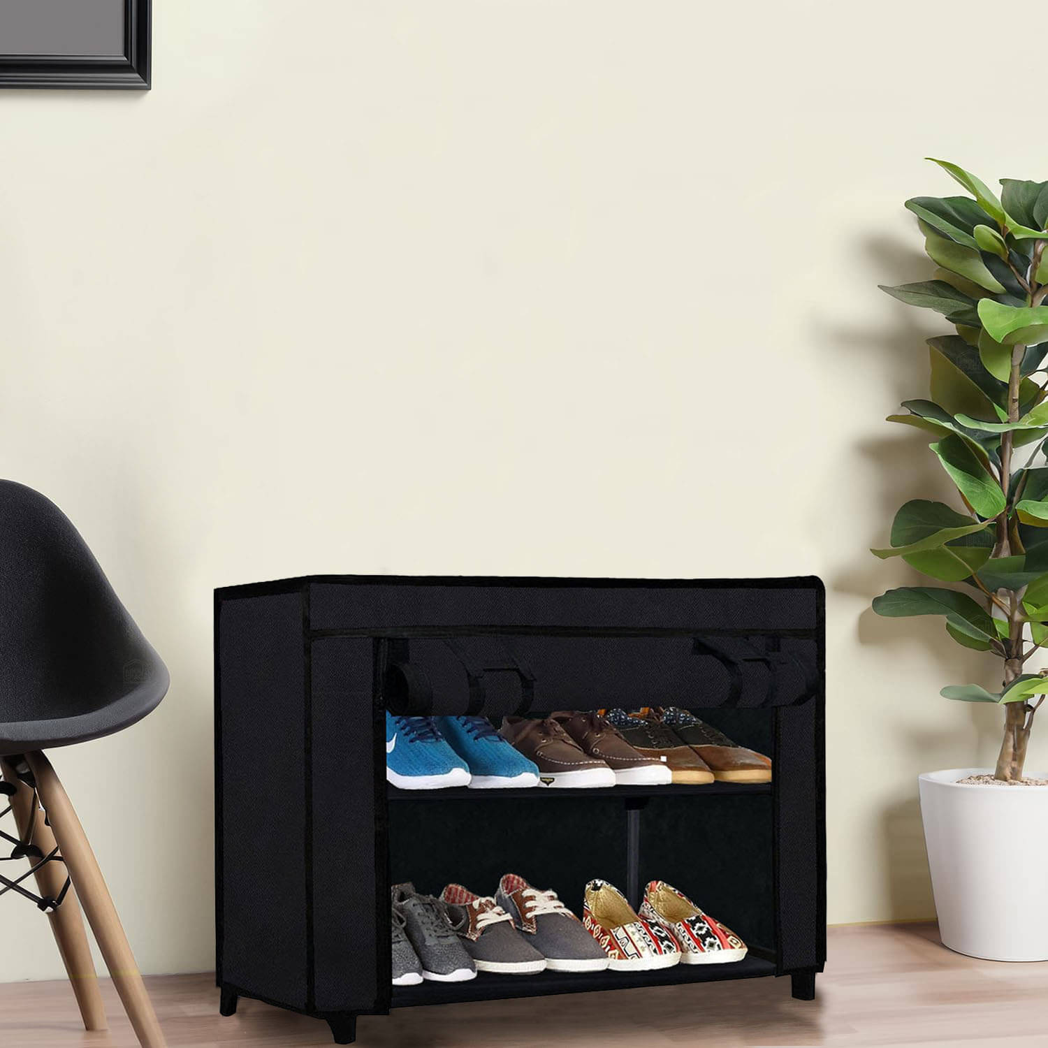     			2 Layer Black Eco-Friendly Fabric Shoe Rack – Compact Storage Solution