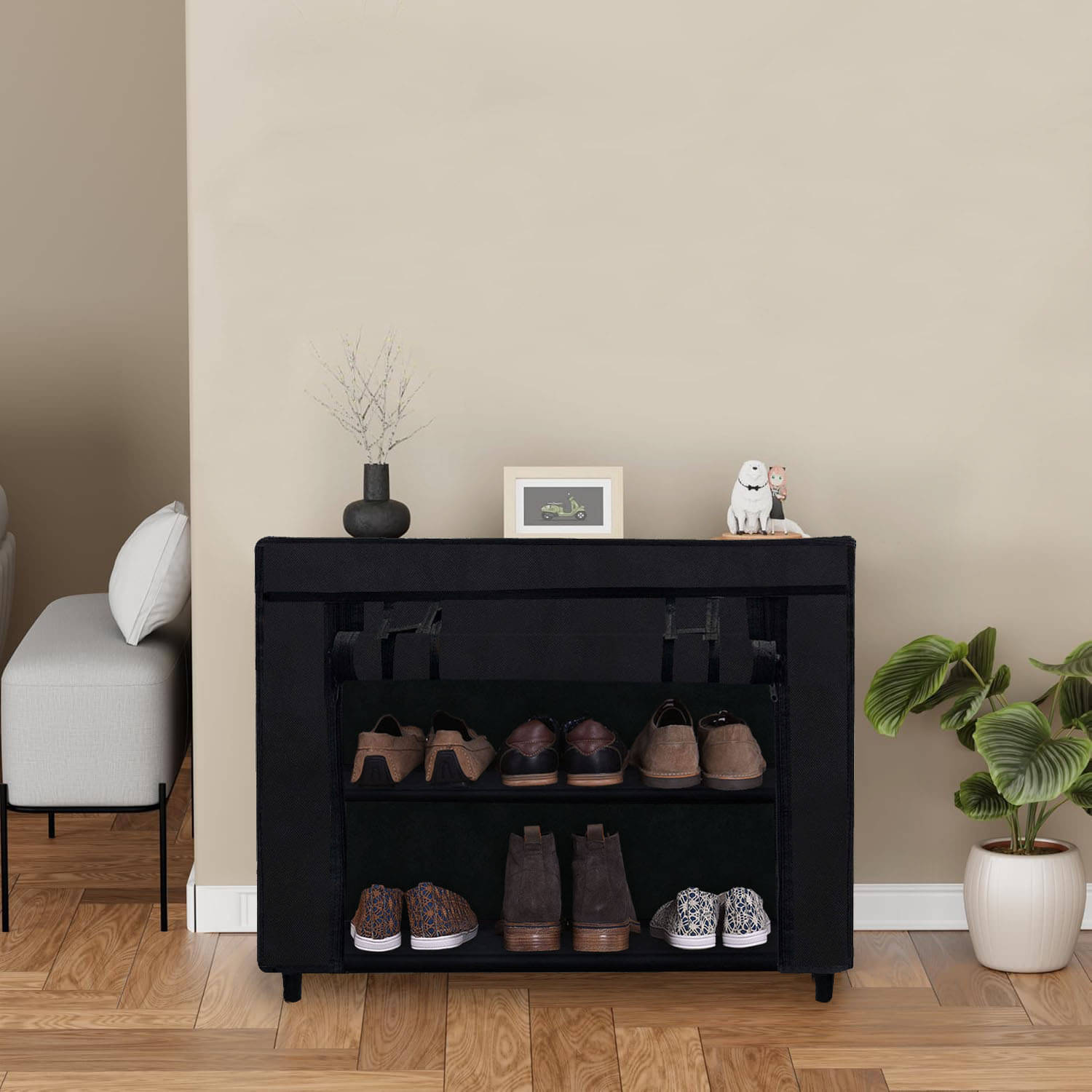     			2 Layer Black Entry Shoe Rack – Stylish, Fabric Shelves with Metal Frame