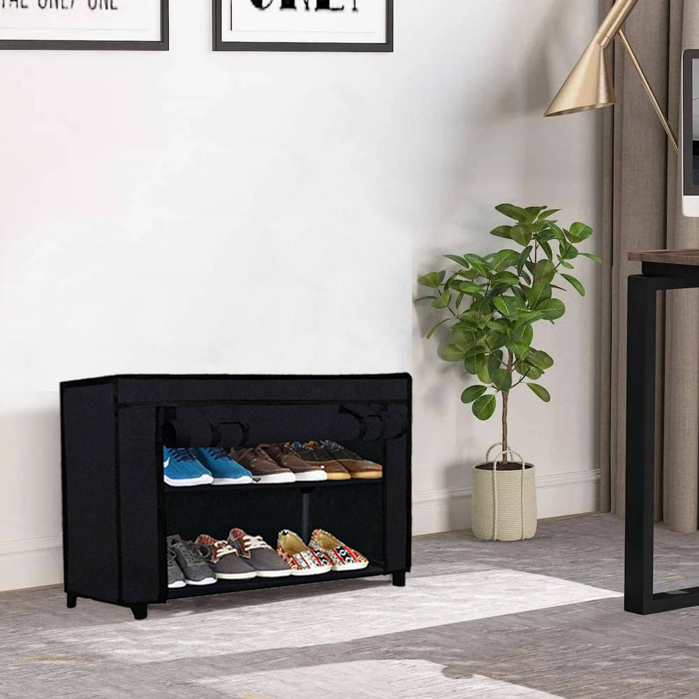     			2 Layer Black Heavy-Duty Shoe Rack Strong and Expandable for Growing Collections