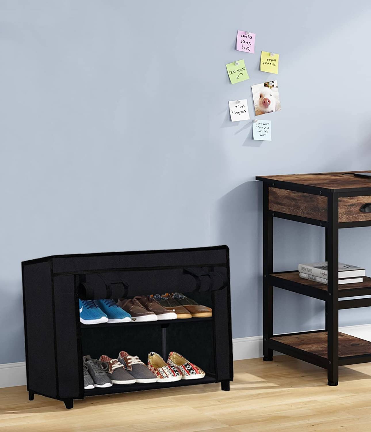     			2 Layer Black Space-Saving Metal Collapsible Shoe Rack