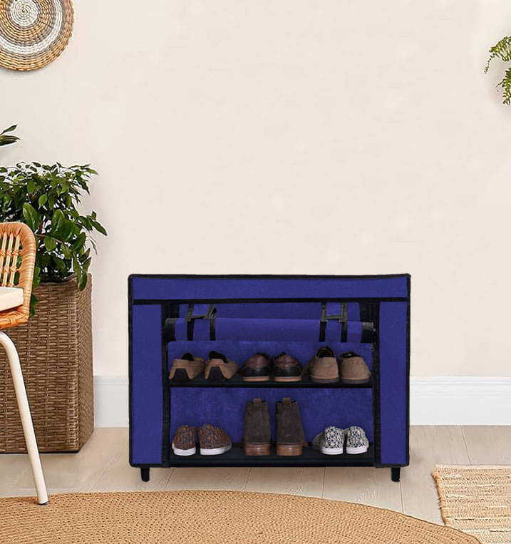     			2 Layer Blue Compact Shoe Rack for Closet – Fabric & Metal Build