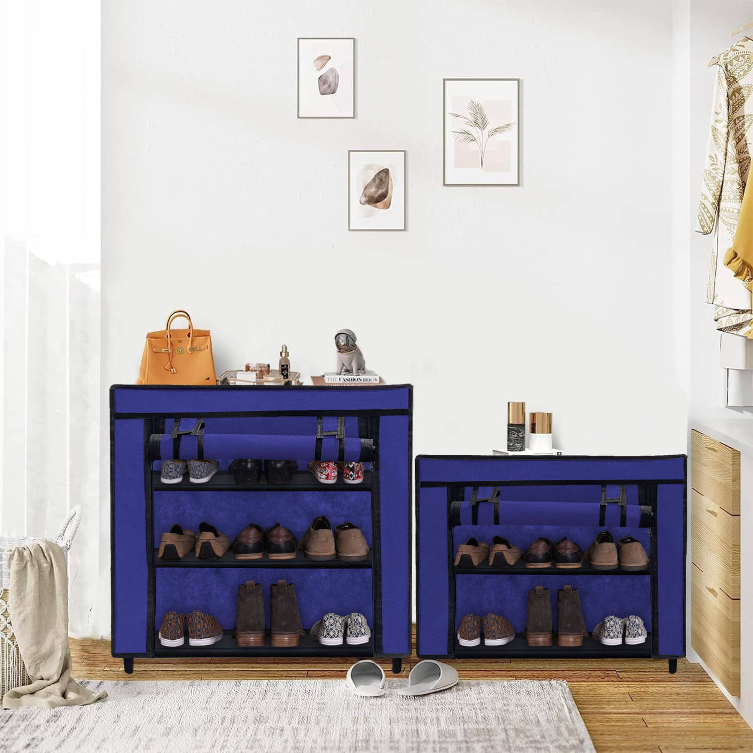     			2 Layer Blue DIY Adjustable Shoe Rack with Fabric & Tubes