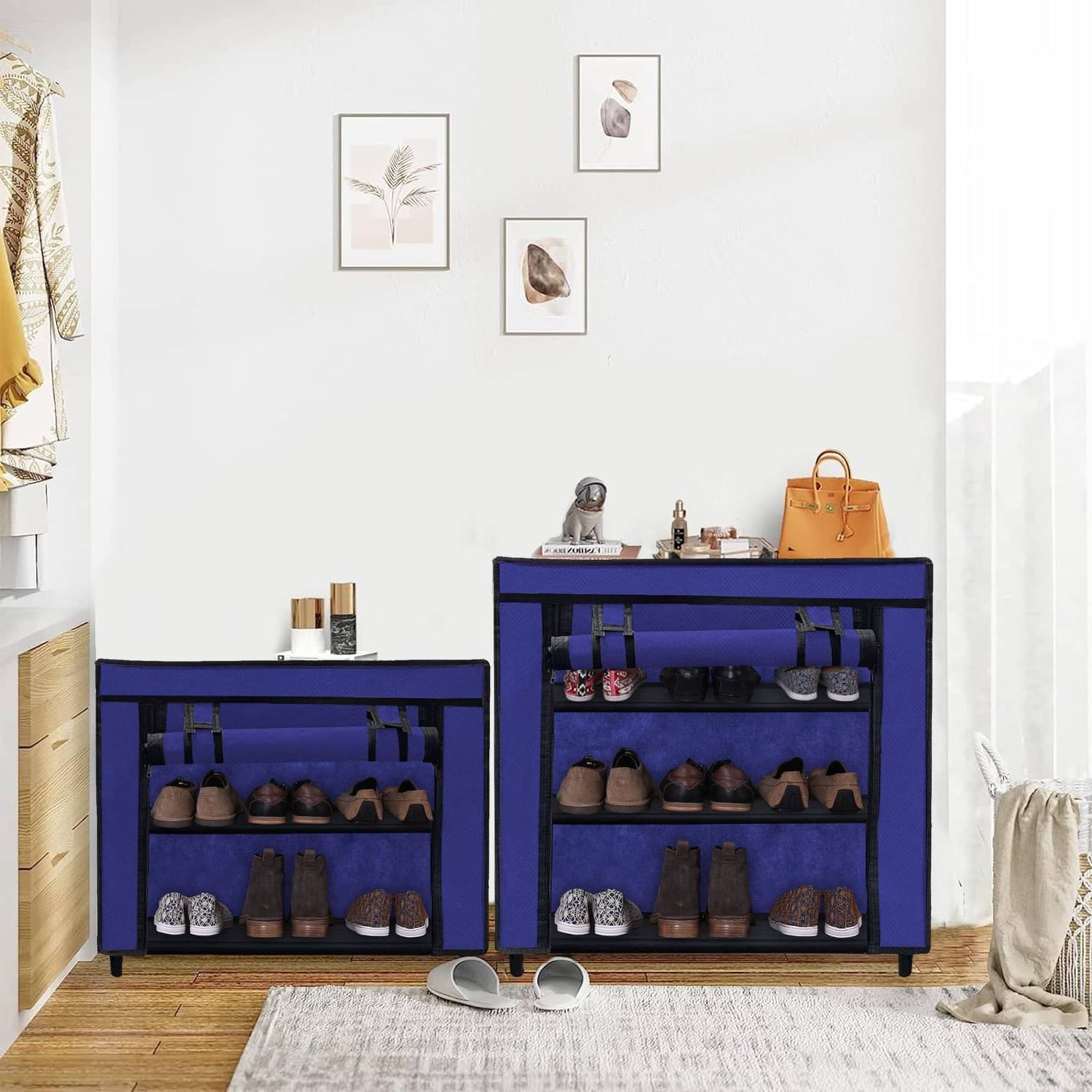     			2 Layer Blue Entry Shoe Rack – Stylish, Fabric Shelves with Metal Frame