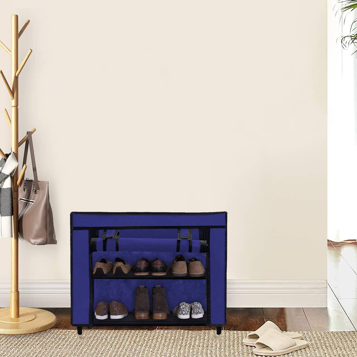     			2 Layer Blue Free Standing Shoe Rack – Fabric Layers, Metal Frame