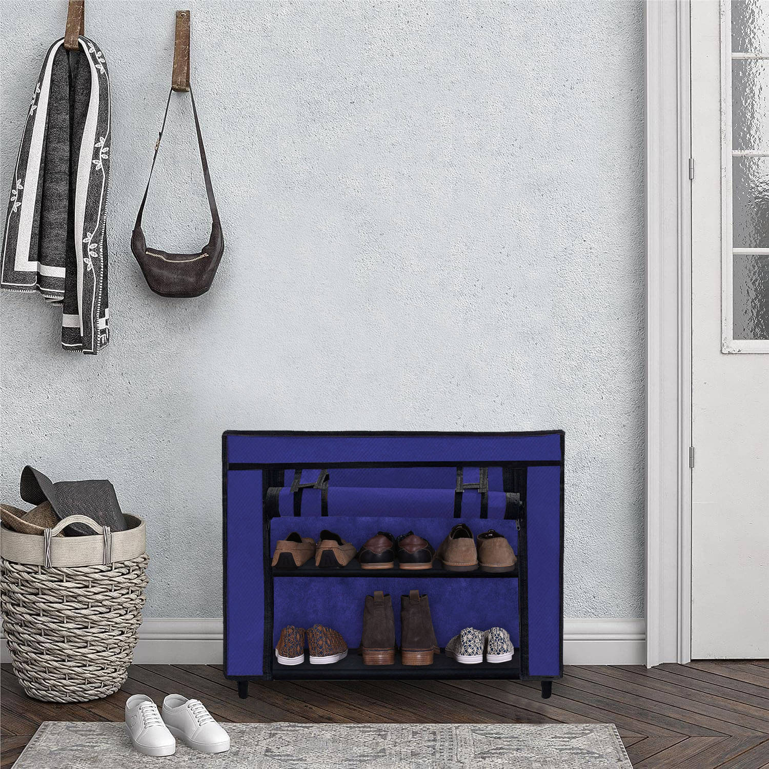     			2 Layer Blue Lightweight Fabric Shoe Rack with Anti-Rust Metal Frame
