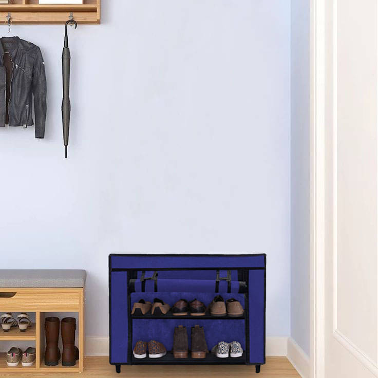     			2 Layer Blue Modern Shoe Rack – Fabric Covered, Metal Tubing