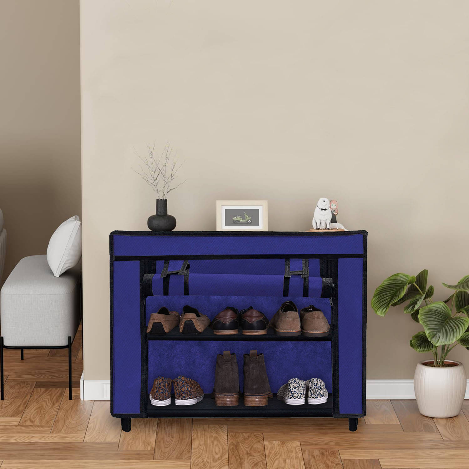     			2 Layer Blue  Shoe Rack with Fabric Shelves & Cover– Space Saving Organizer