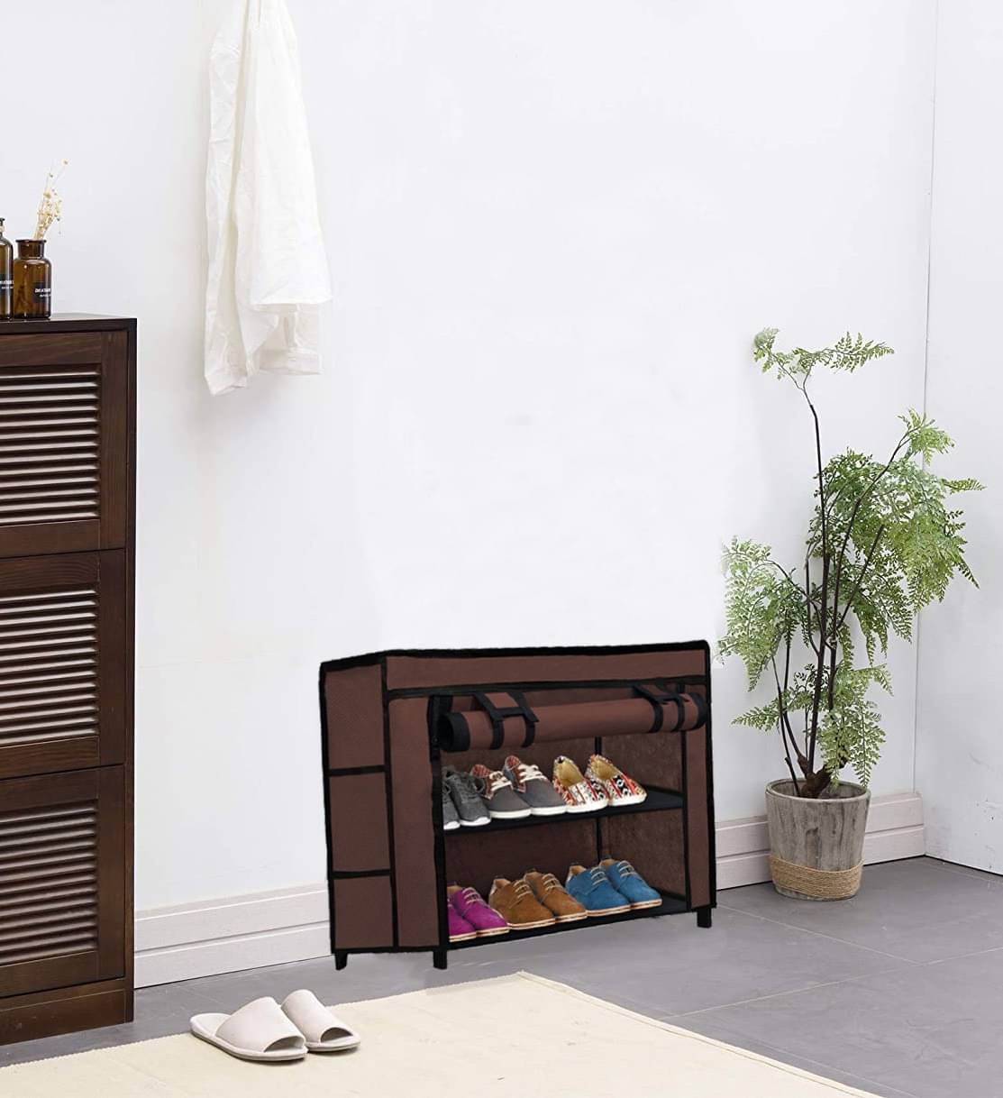     			2 Layer Brown Compact Shoe Rack for Closet – Fabric & Metal Build