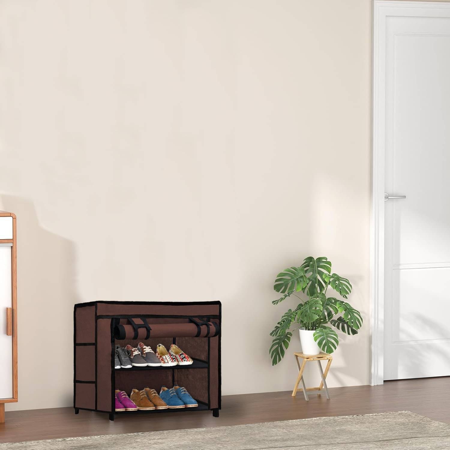     			2 Layer Brown Dustproof Shoe Cabinet – Covered Fabric with Metal Tubing