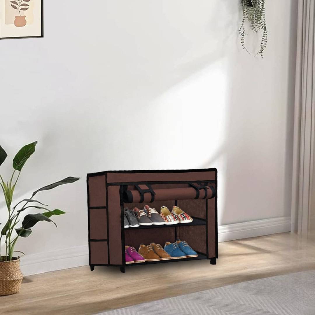     			2 Layer Brown Eco-Friendly Fabric Shoe Rack – Compact Storage Solution