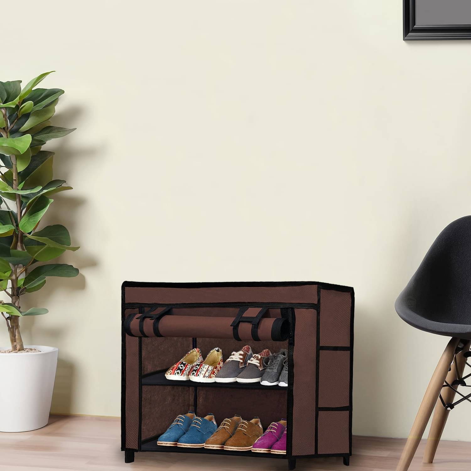     			2 Layer Brown Entry Shoe Rack – Stylish, Fabric Shelves with Metal Frame