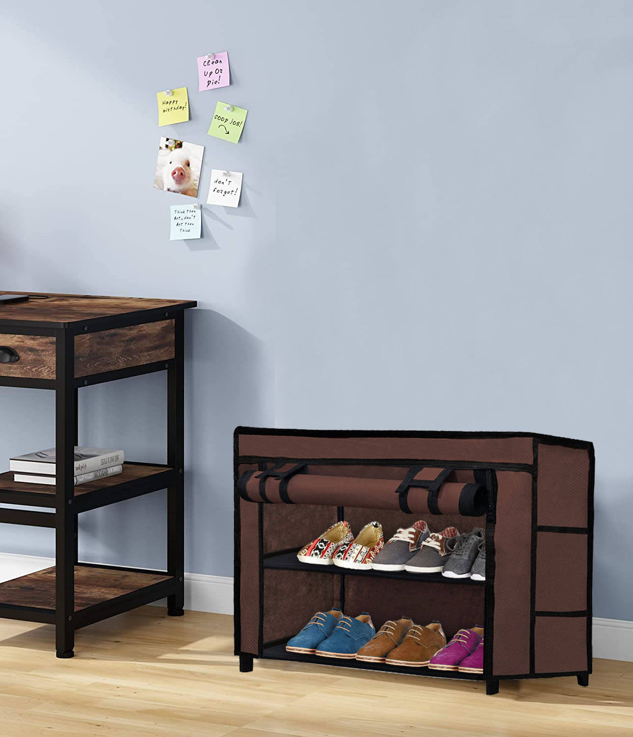     			2 Layer Brown Free Standing Shoe Rack – Fabric Layers, Metal Frame