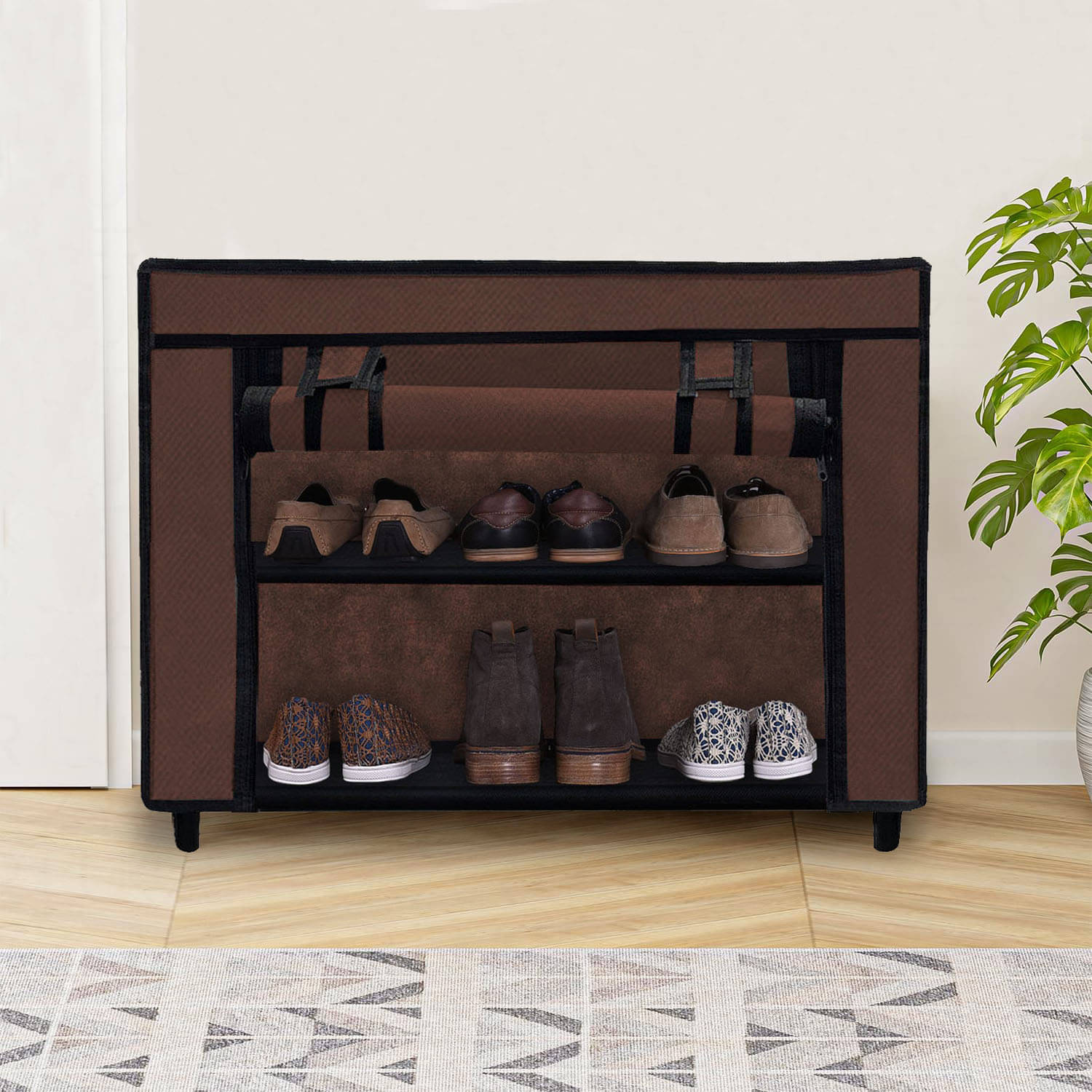     			2 Layer Brown Lightweight Fabric Shoe Rack with Anti-Rust Metal Frame