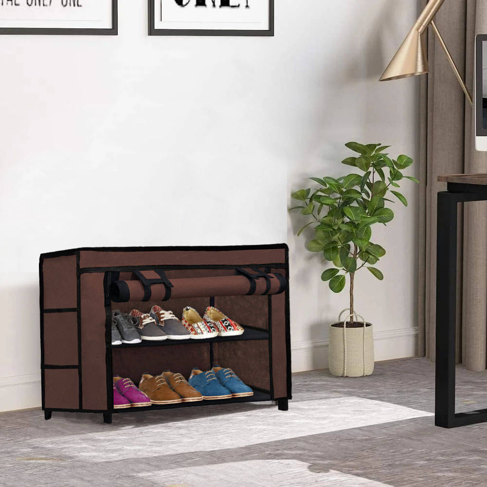     			2 Layer Entryway Metal Frame Shoe Rack With Brown Non-Woven Fabric Cover