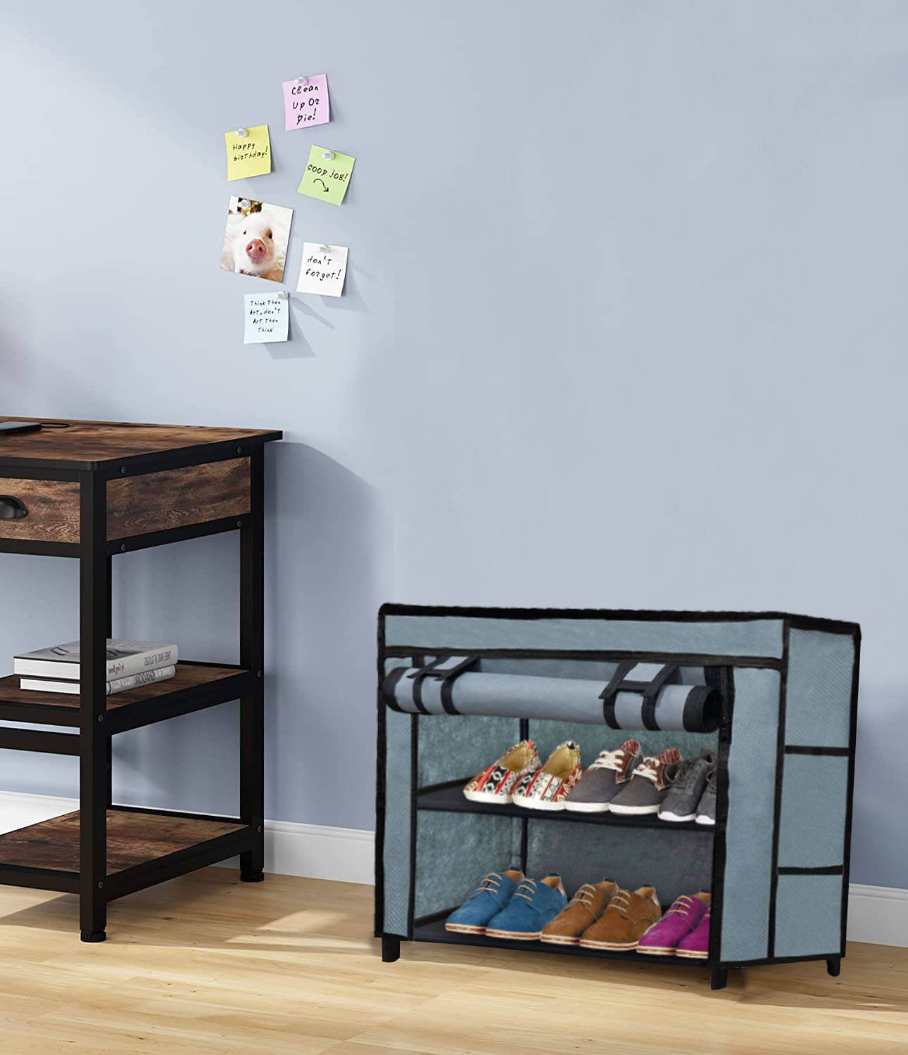    			2 Layer Grey Compact Shoe Rack for Closet – Fabric & Metal Build