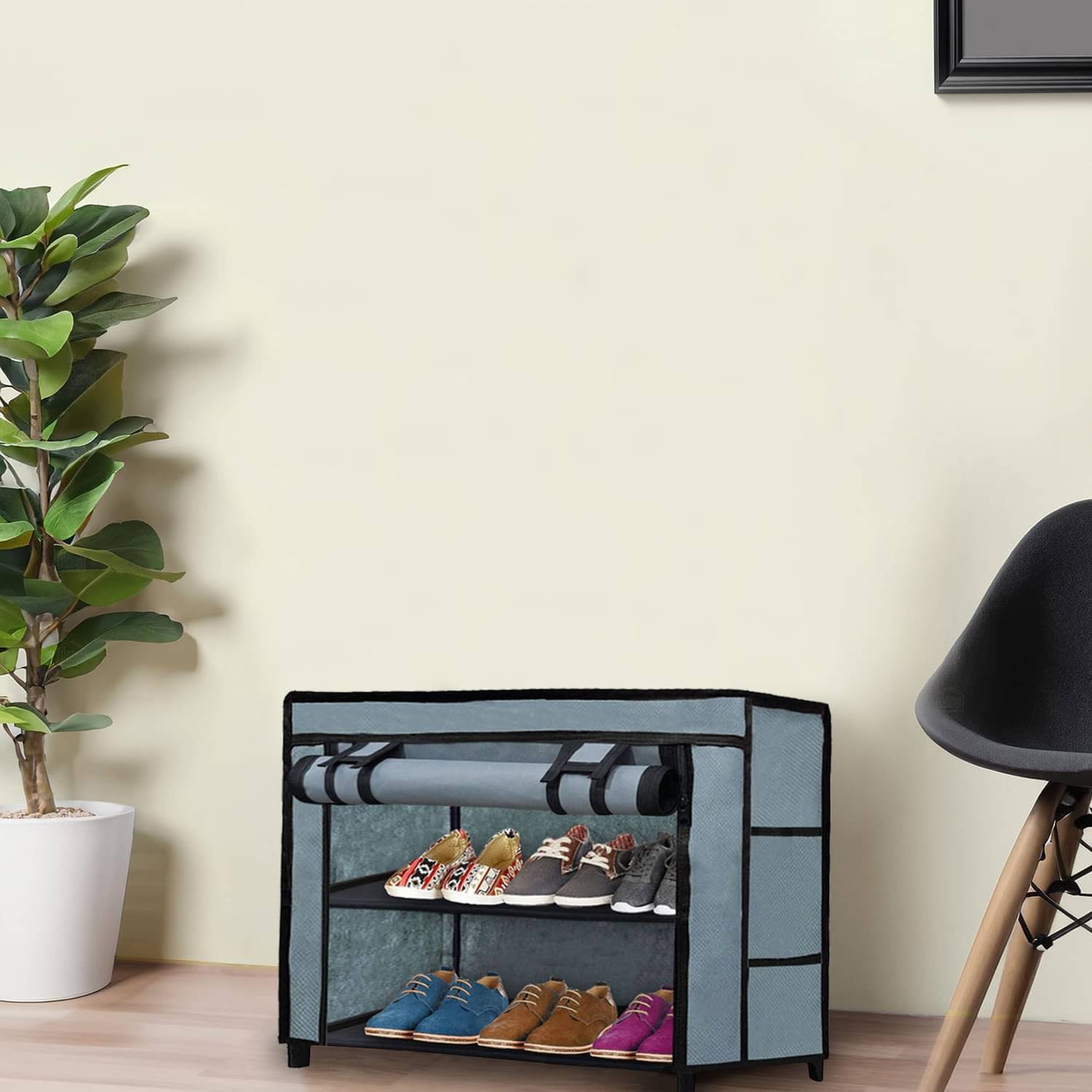     			2 Layer Grey Dustproof Shoe Cabinet – Covered Fabric with Metal Tubing