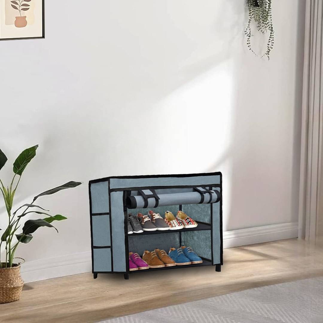     			2 Layer Grey Eco-Friendly Fabric Shoe Rack – Compact Storage Solution