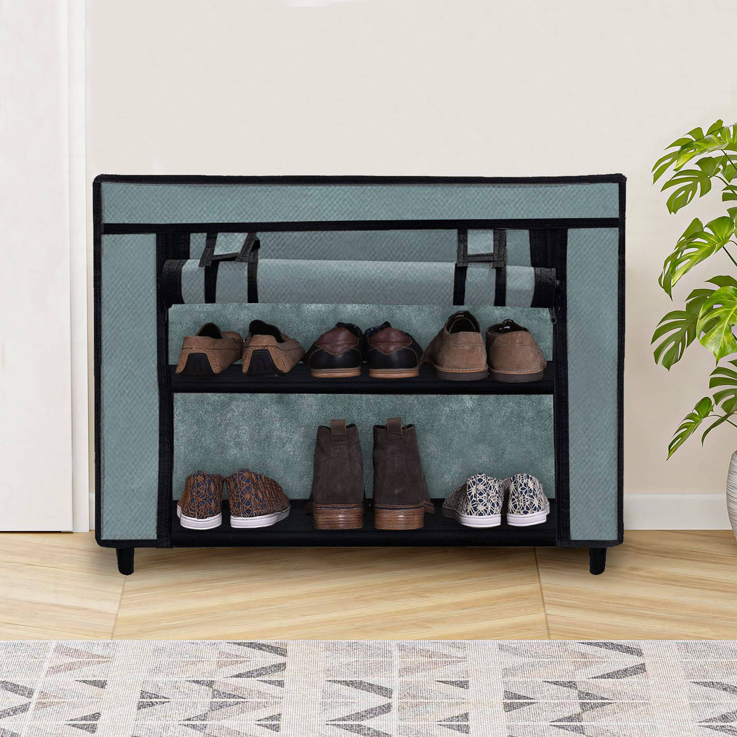     			2 Layer Grey Modern Shoe Rack – Fabric Covered, Metal Tubing