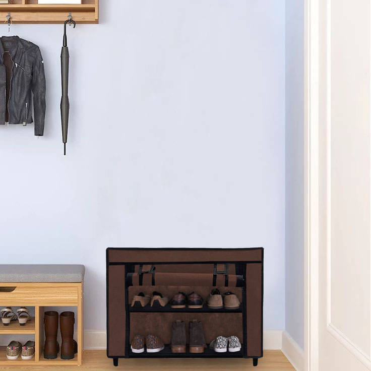     			2-Shelves Shoe Rack With Brown Cover - Perfect for Entryway & Closet Storage