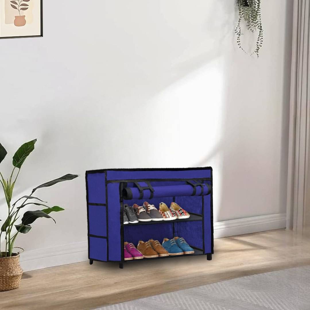     			2-Tier Blue Expandable Shoe Shelf with Fabric Shelves & Covers