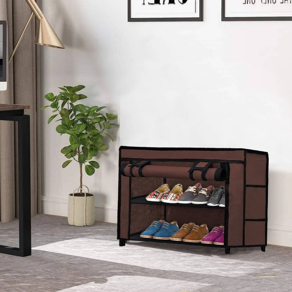     			2-Tier Brown Expandable Shoe Shelf with Fabric Shelves & Covers