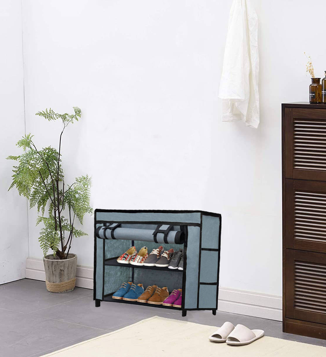     			2-Tier Grey Expandable Shoe Shelf with Fabric Shelves & Covers